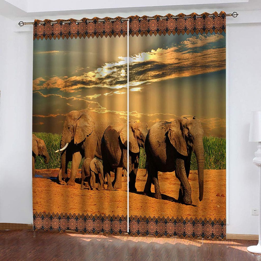 WWJNF Blackout Curtains, 150 x 168 cm (W x H), African Elephant 3D Print, Thermal Curtains, Set of 2