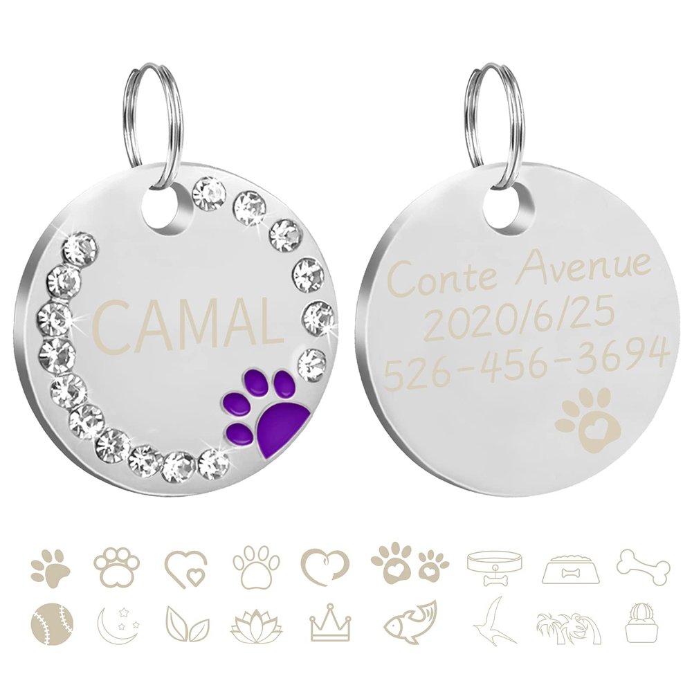 CAMAL 2-Pack Round Rhinestone Dog Tag with Engraving, Cat Paw Pendant, Customizable (Purple)