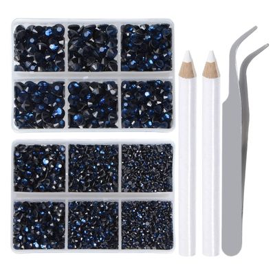 LPBeads Hotfix Rhinestones, Montana, Flatback, 5 Sizes, Round, with Tweezers and Rhinestone Picker, 6,400 Pieces