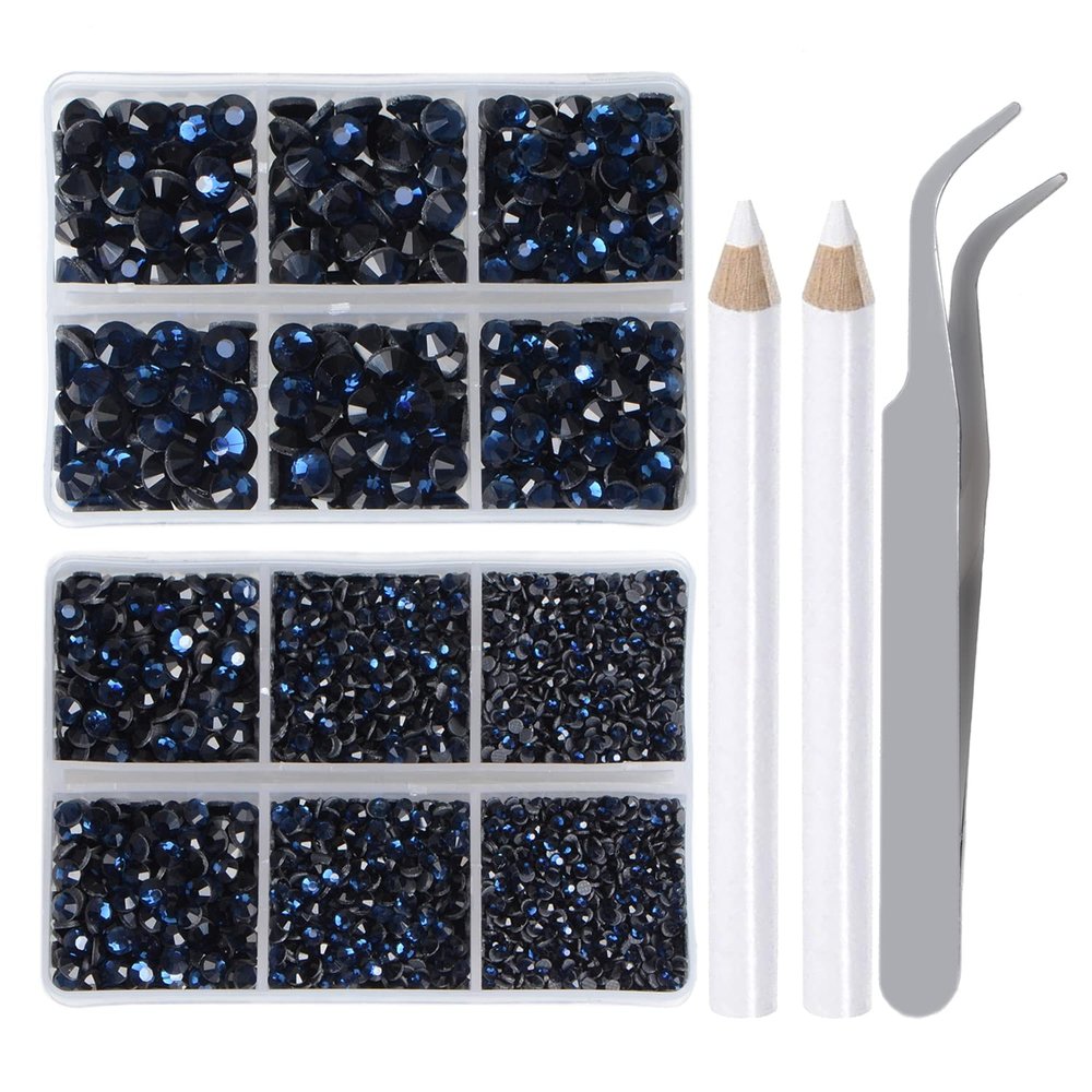LPBeads Hotfix Rhinestones, Montana, Flatback, 5 Sizes, Round, with Tweezers and Rhinestone Picker, 6,400 Pieces