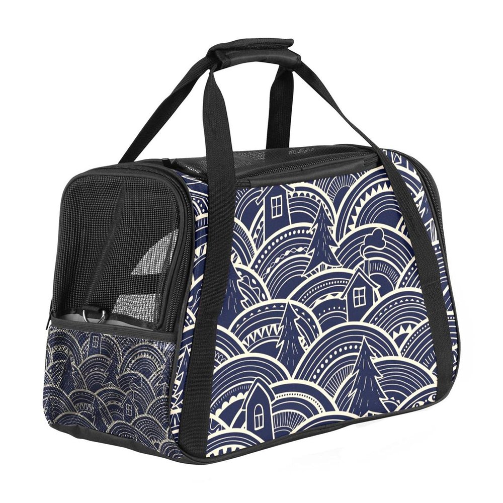 Pet Carrier Bag with Abstract Trees and Houses, Soft, Foldable, Airline-Approved