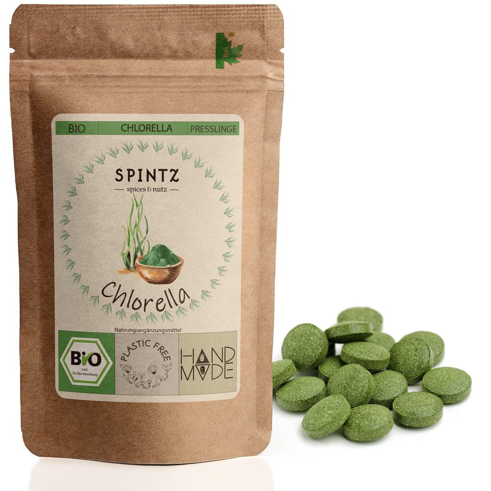SPINTZ 1,000 Organic Chlorella Tablets, 500 mg Each, Vegan, Plastic-Free Packaging