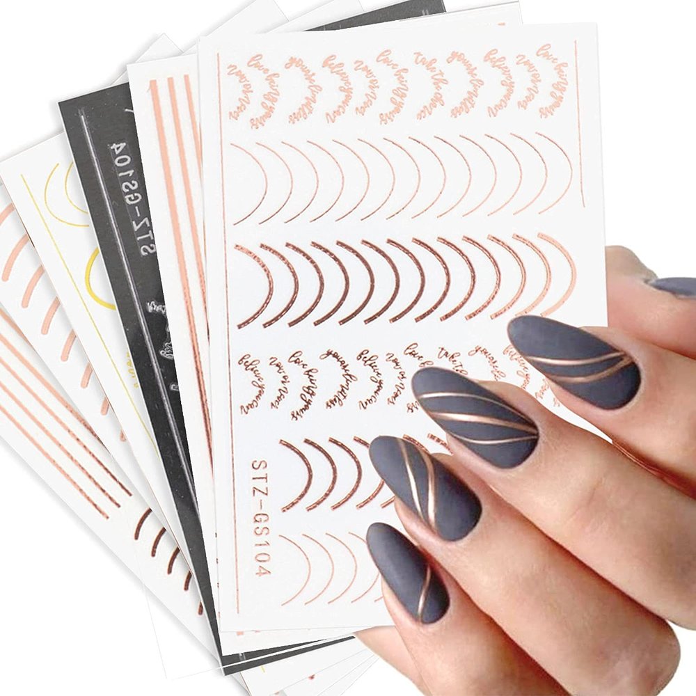 Metallic Nail Stickers, Self-Adhesive 3D Gold, Silver & Rose Gold Nail Art Striping Tape, 6 Sheets
