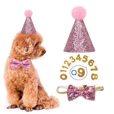 Dog Birthday Hat - Pet Birthday Hat and Bow Tie Collar Set (Pink)