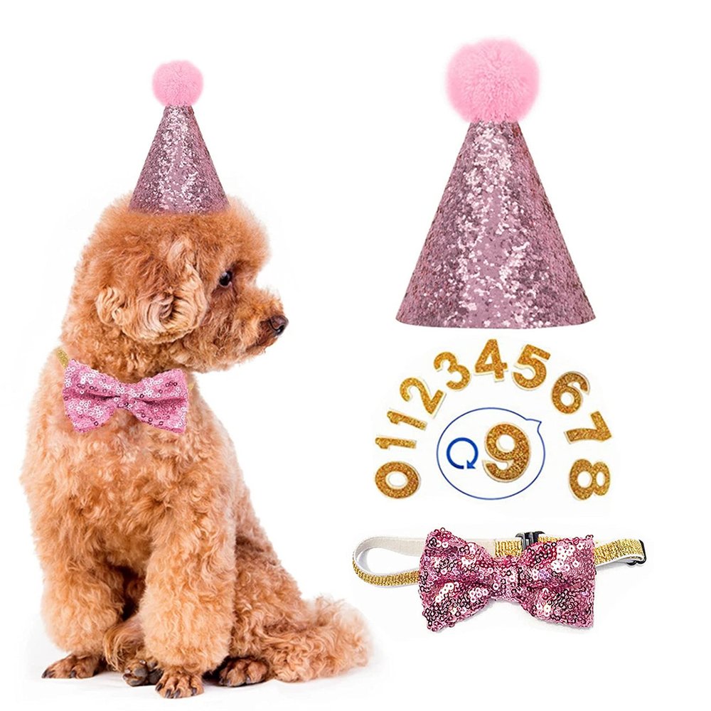 Dog Birthday Hat - Pet Birthday Hat and Bow Tie Collar Set (Pink)