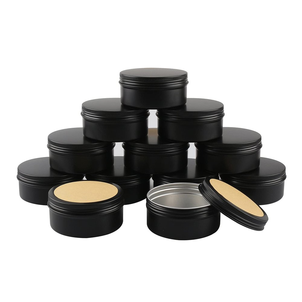 BasicPacking 12-Pack 150 ml Matte Black Aluminum Tins with Screw Lids and 70 mm Labels