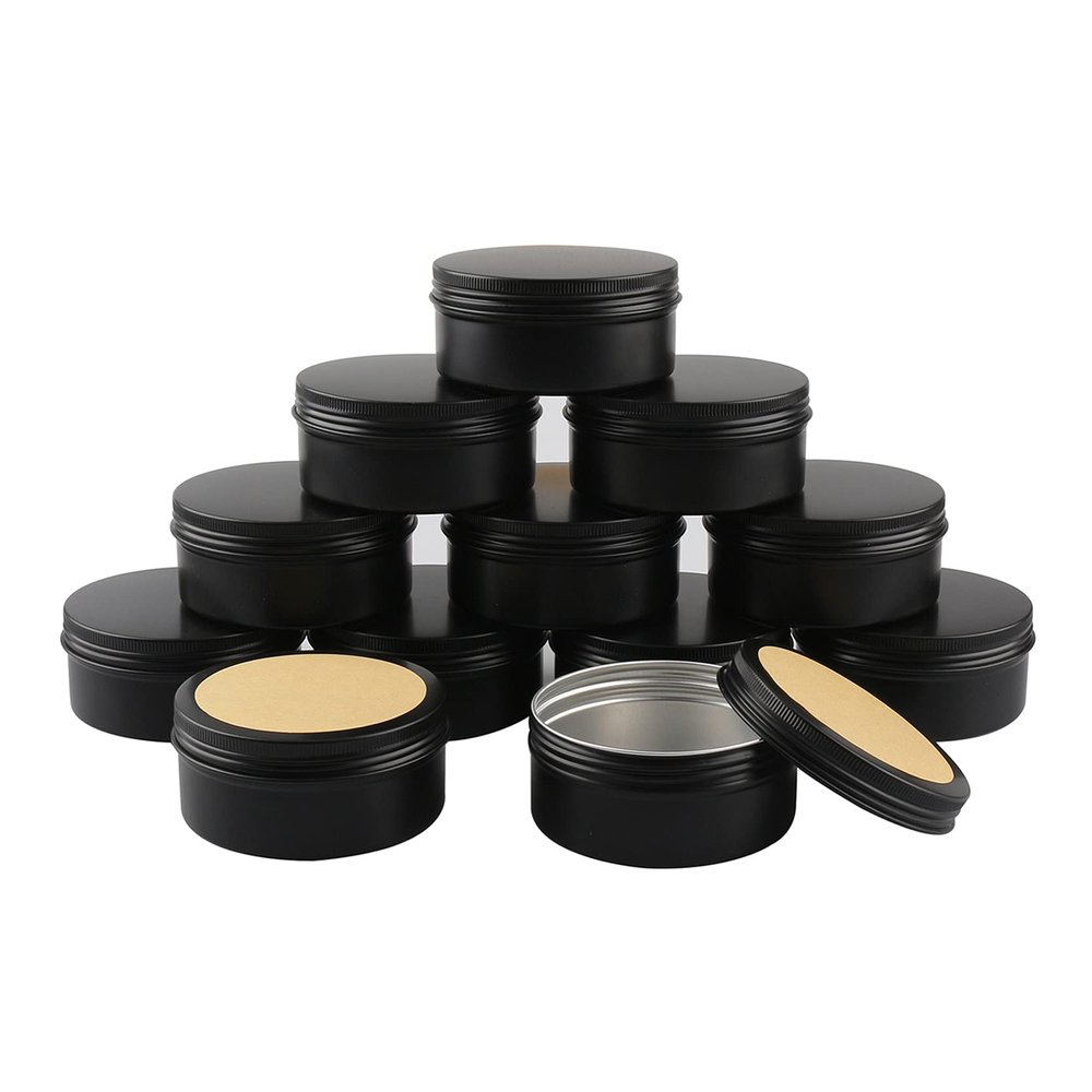 BasicPacking 50-Pack 150 mL Matte Black Round Aluminum Tins with Screw Lids and 70 mm Labels