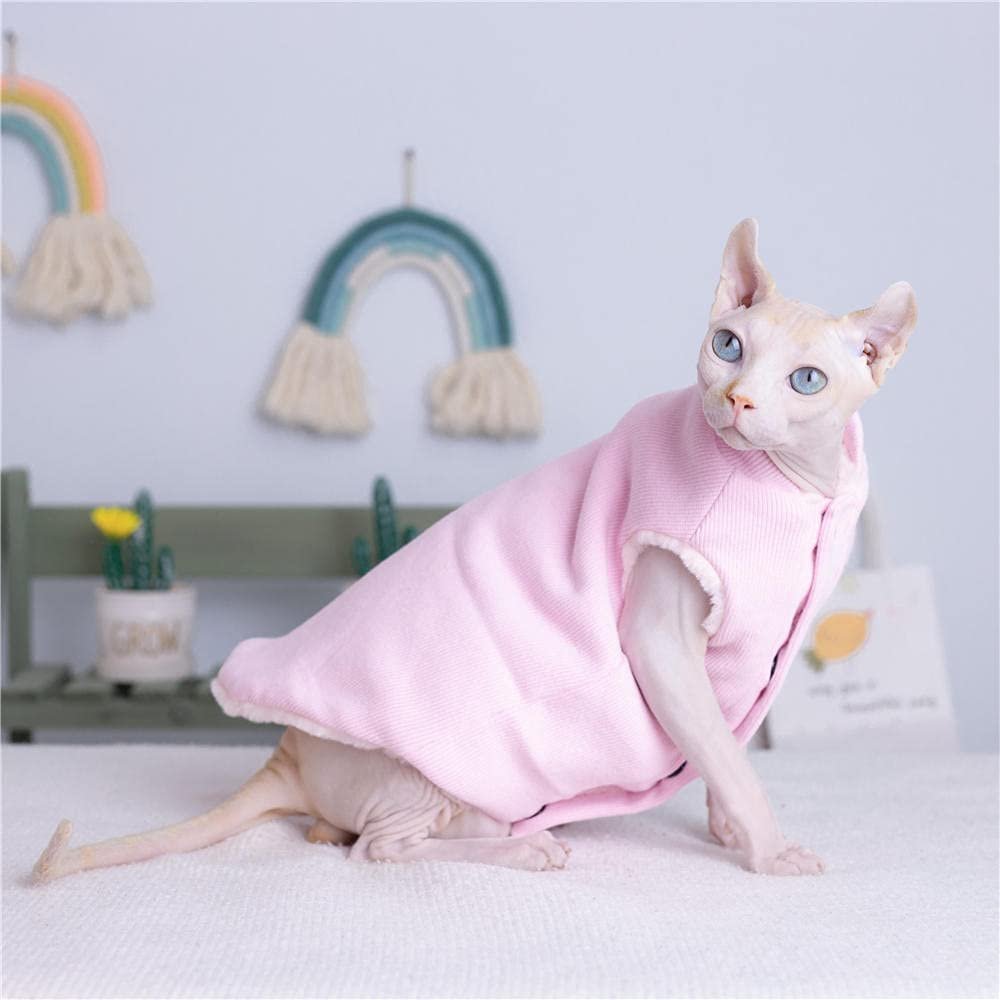 ZHIHAN Sphinx Cat Clothing for Hairless Cats, Warm Double-Sided Fall and Winter Vest, Leopard Design, Cornish Rex and Devon Rex, Extra-Thick Knit Cardigan, Pink, L+