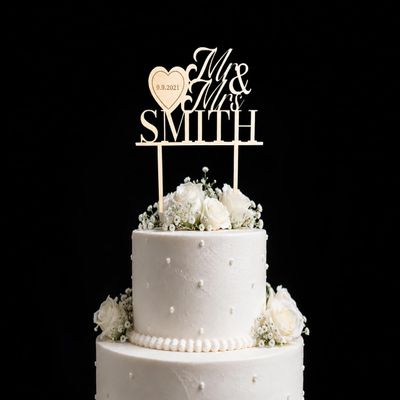 Personalized Wooden Wedding Cake Topper with Name and Date