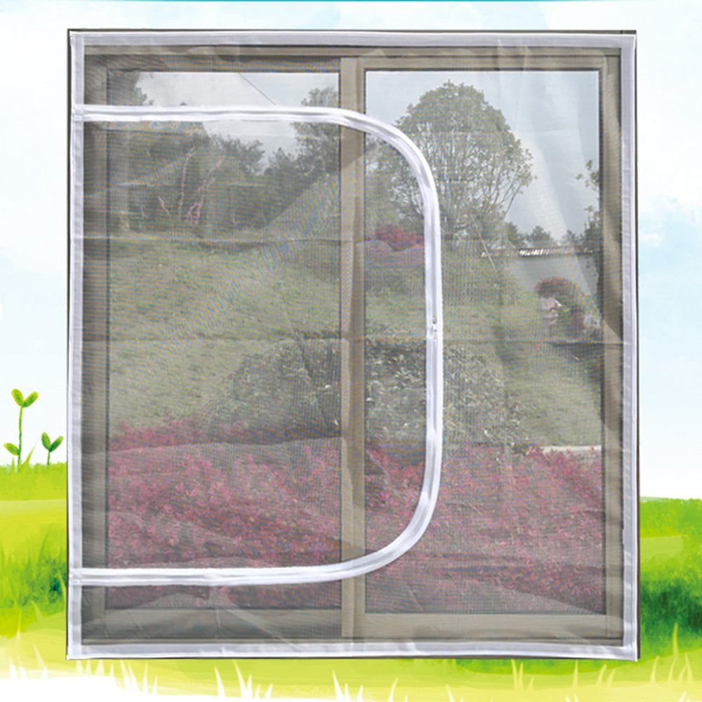 Cat-Proof Window Net with Zipper, Self-Adhesive, Washable (White Frame, Gray Net)