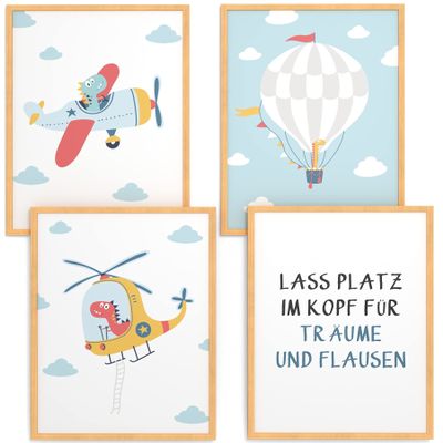 Papierschmiede 4-Piece Kids' Print Set, A4 Framed in Natural Wood, Blue Airplane, Helicopter & Dinosaur