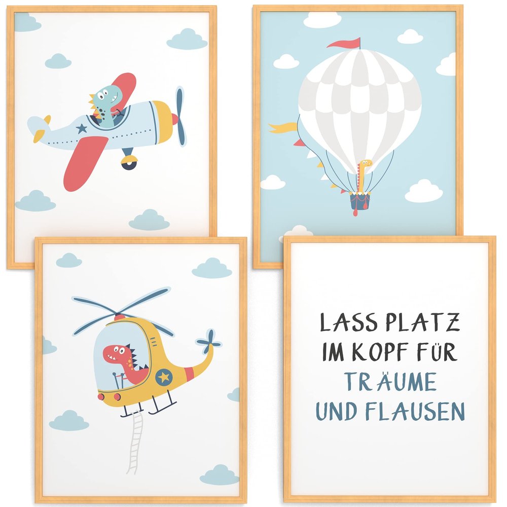 Papierschmiede 4-Piece Kids' Print Set, A4 Framed in Natural Wood, Blue Airplane, Helicopter & Dinosaur