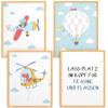 Papierschmiede 4-Piece Kids' Print Set, A4 Framed in Natural Wood, Blue Airplane, Helicopter & Dinosaur view 1