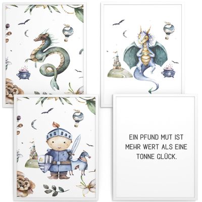 Papierschmiede 4-Piece Kids' Art Set, A3 Framed in White Wood Frames, Castle Fantasy Fairy Tale, Knights and Dragons