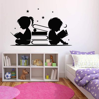 NSRJDSYT Boy and Girl Reading Books Vinyl Wall Decal, Nursery Stars and Moon Sticker, 89 x 54 cm