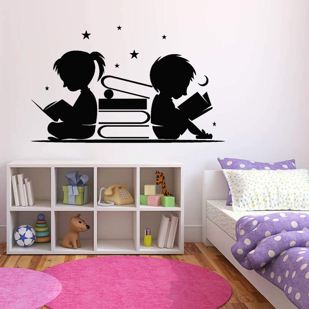 NSRJDSYT Boy and Girl Reading Books Vinyl Wall Decal, Nursery Stars and Moon Sticker, 89 x 54 cm