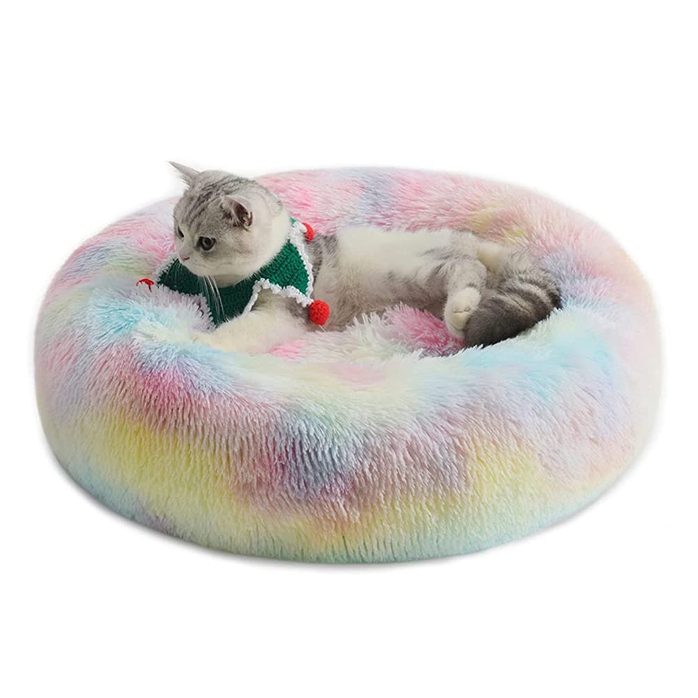 Chickw1 Round Donut Dog Bed for Dogs and Cats, 50 cm, Rainbow
