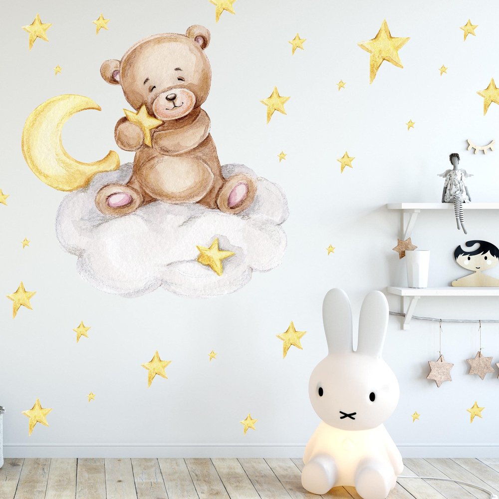 Cuddly Bear on the Cloud V292 | Hand-Drawn | Kindergarten Sticker | Nursery Wall Sticker with Stars (100 x 100 cm)
