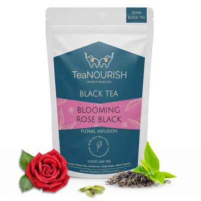 TeaNOURISH Blooming Rose Black Tea | Assam Loose-Leaf Tea with Rose Petals, Cardamom, Saffron & Almond | 100 g
