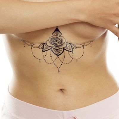 1 Black Rose Underboob Temporary Tattoo with Chains - BC028