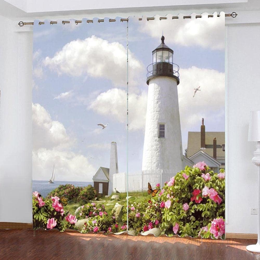 Yvvjmk Lighthouse by the Sea Blackout Thermal Curtain for Kids' Room, Living Room or Bedroom, 110 x 215 cm