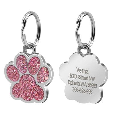 Personalized Glitter Paw-Shaped Pet Tag with Hook and Bell, Pink