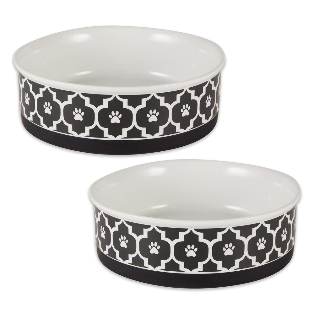 Bone Dry Lattice Collection Food and Water Bowls, Large Set, 19.1 x 6.1 cm, Black, 2-Pack