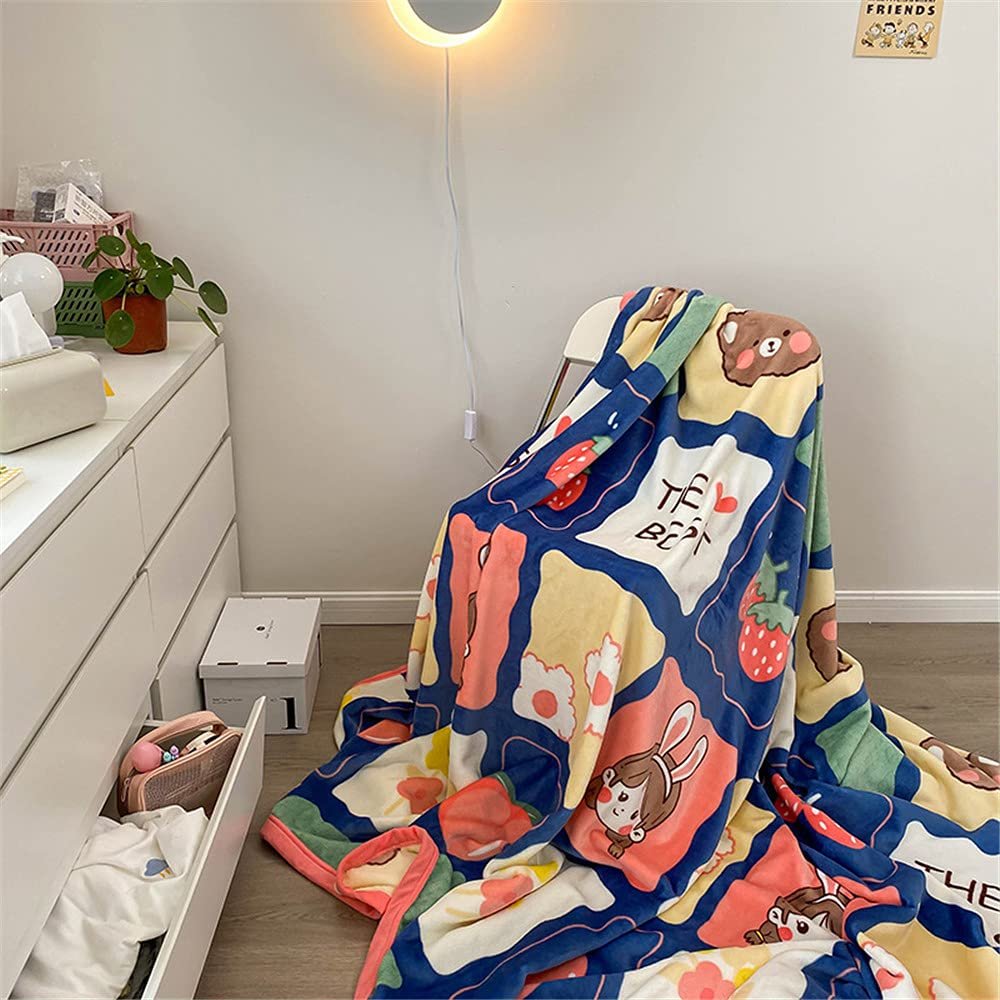 Baby Cartoon Patchwork Bear, Rabbit and Leaf Throw Blanket, White and Blue Sherpa Flannel Blanket for Girls and Boys, Couch, Bed or Office, Multicolor 3, 180 x 200 cm