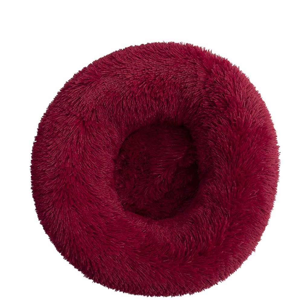 Chickw1 Round Dog Bed for Dogs and Cats, Warm Soft Donut Plush Pet Bed, Washable Non-Slip Base, Wine Red, 70 cm