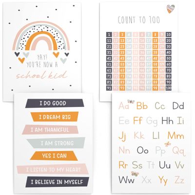 Papierschmiede 4-Piece Kids’ Poster Set, English Learning Posters, 30 x 40 cm, ABC Alphabet & Numbers