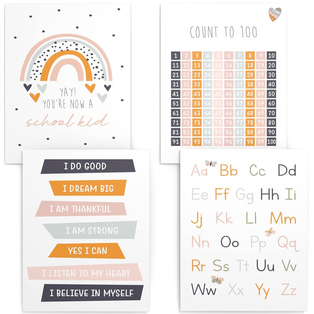 Papierschmiede 4-Piece Kids’ Poster Set, English Learning Posters, 30 x 40 cm, ABC Alphabet & Numbers