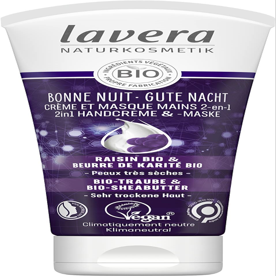 lavera Bonne Nuit 2-in-1 Hand Cream and Mask, Certified Natural Cosmetics, Vegan, Organic Grape & Shea Butter, 75 ml