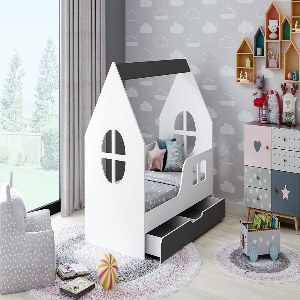 BDW House-Style Toddler Bed with Drawer, 140 x 70 cm