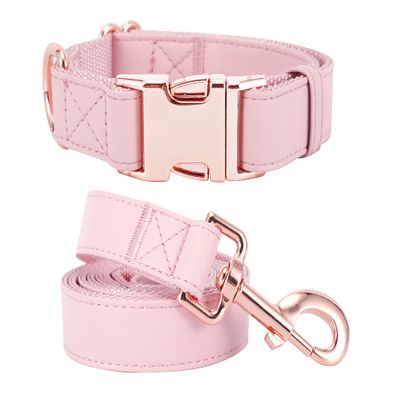 Dog Collar and Leash, Soft Easy-Clean Vegan Leather with Rose Gold Buckle, Pink, Size S (31–42.9 cm)