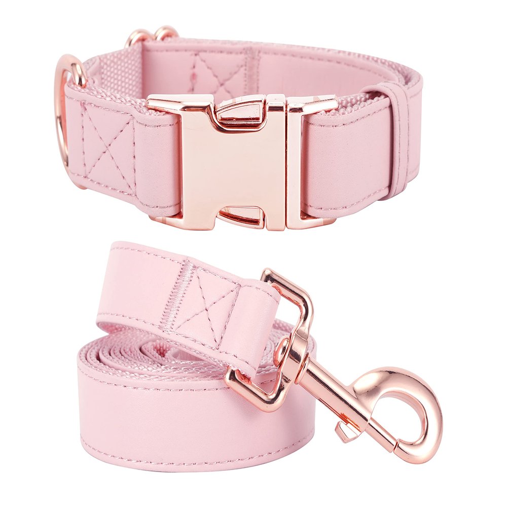 Dog Collar and Leash, Soft Easy-Clean Vegan Leather with Rose Gold Buckle, Pink, Size S (31–42.9 cm)