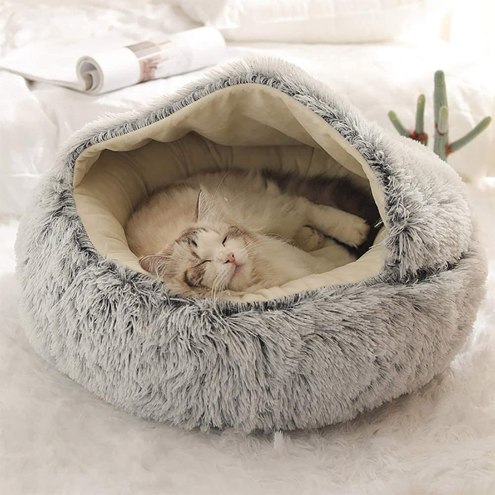 Round Plush Hooded Cat Bed Nest, 60 cm, Gray A