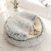 Round Plush Hooded Cat Bed Nest, 60 cm, Gray A view 4