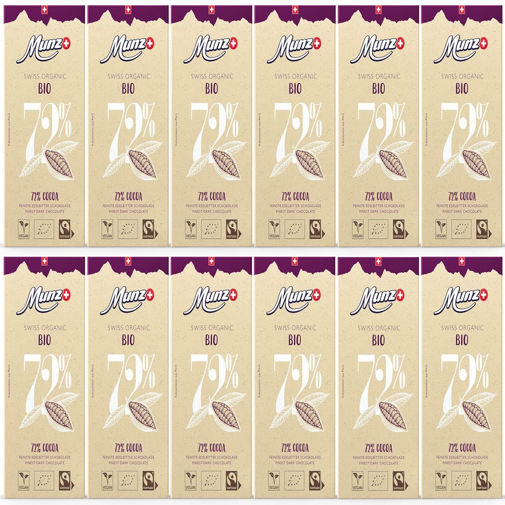 12-Pack Munz Swiss Premium Organic & Fairtrade Dark Chocolate 72% Cocoa, approx. 100 g