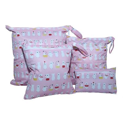 Egurs 4-Piece Reusable Wet Bag Set, 4 Sizes, Waterproof Washable Organizer Bags for Cloth Diapers, White Bear Foundation