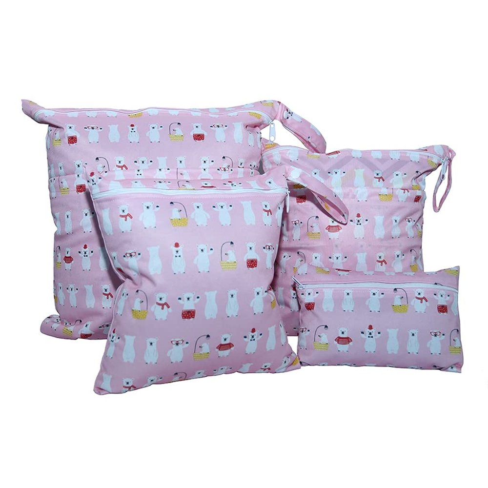 Egurs 4-Piece Reusable Wet Bag Set, 4 Sizes, Waterproof Washable Organizer Bags for Cloth Diapers, White Bear Foundation