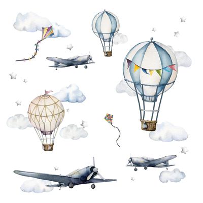Little Deco Wall Stickers for Boys’ Rooms: Airplanes, Hot Air Balloons, Clouds & Stars, Watercolor DL707-2