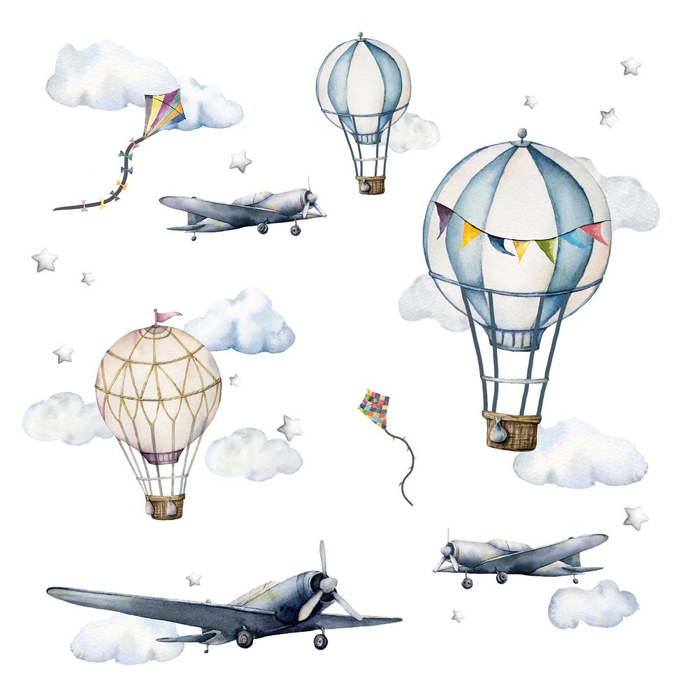 Little Deco Wall Stickers for Boys’ Rooms: Airplanes, Hot Air Balloons, Clouds & Stars, Watercolor DL707-2