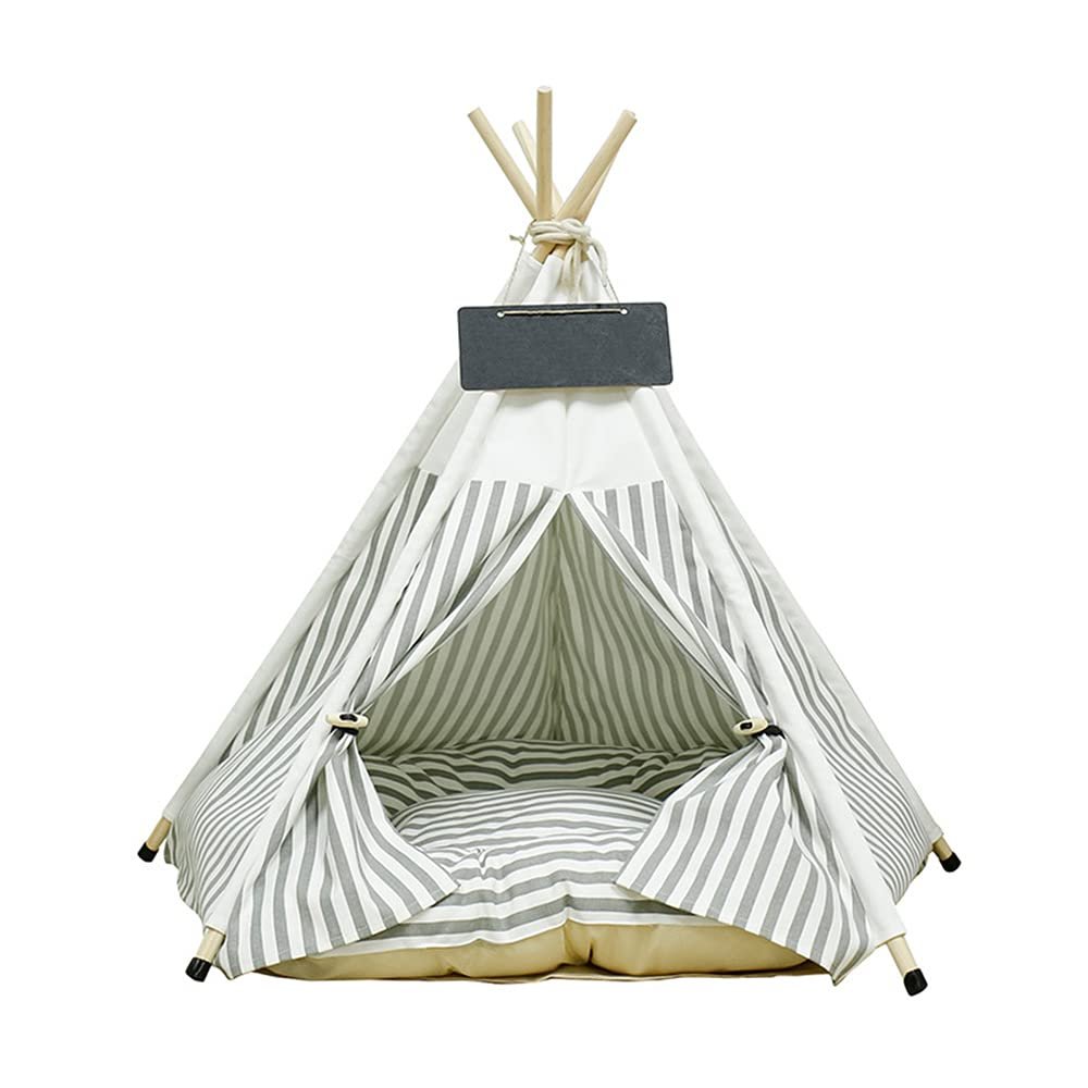 lodaonou Pet Tent with Cushion and Name Tag, S, Gray Stripes, 40 x 40 x 50 cm
