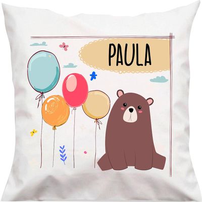 Kleckerliese Children's Cushion Cover, Bear with Custom Name, Balloons and Clouds, 40 x 40 cm, White