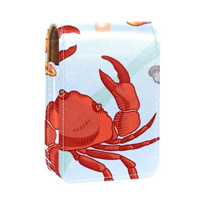 Nautical Starfish and Crab Lipstick Case for Women with Mirror, Mini Makeup Organizer for Up to 3 Lipsticks, Multicolor, 9.5 x 2 x 7 cm