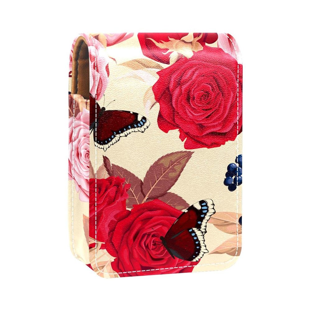 Rose and Butterflies Lip Gloss Holder with Mirror, Portable Lipstick Case