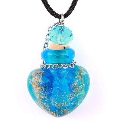 Small Pet Ash Memorial Urn Heart-Shaped Necklace, Satin Glass, Blue
