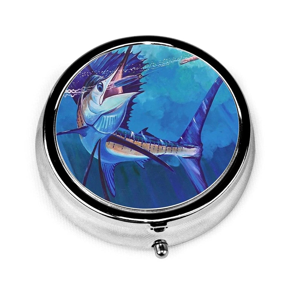 Marlin Artwork Round Pill Case for Purse and Travel
