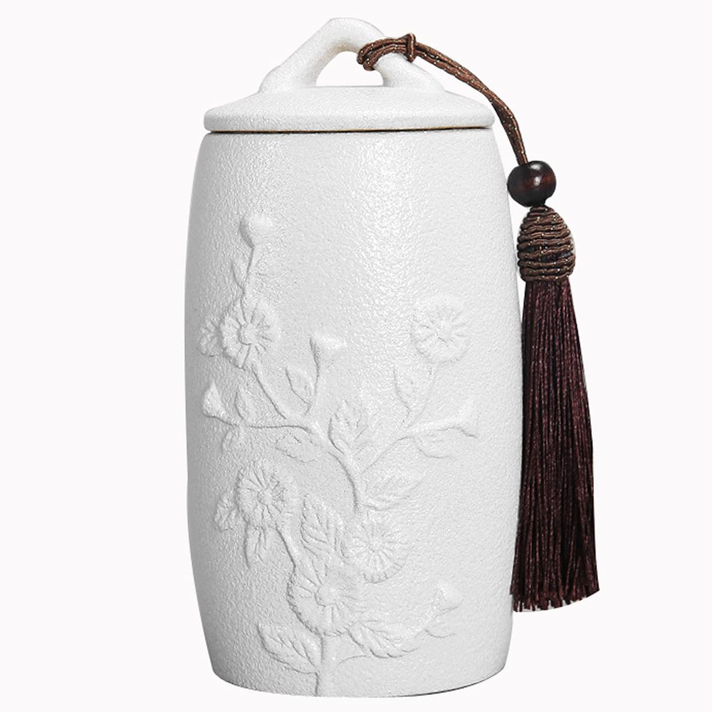 Uziqueif Ceramic Dog Urn, White Chrysanthemum