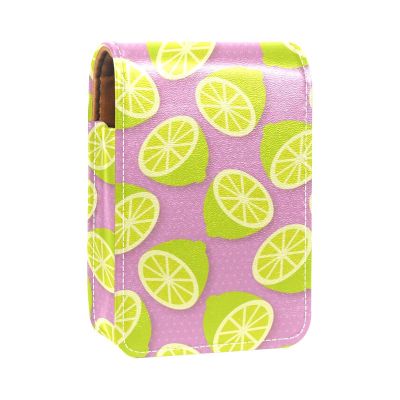 Lipstick Case with Mirror, Lime Green Lemon Pattern, Pink, Holds 3 Lipsticks